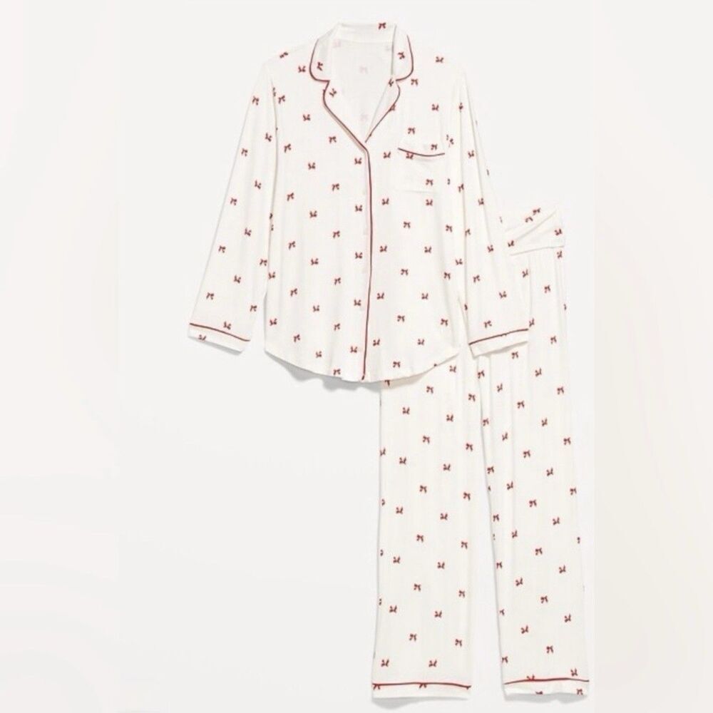 Old Navy NWT 3XL Sunday Sleep Jersey Red Bow Button Down Pajama Set Loungewear